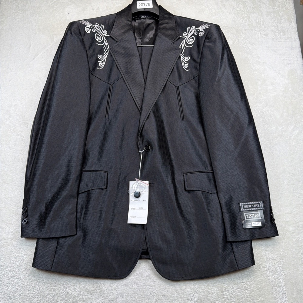 Vintage Western Rockabilly Stage Suit Black Embroidered Jacket Pants 42/34